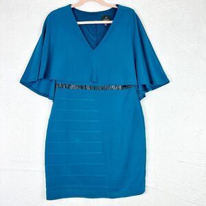Adrianna Papell Capelet Sheath Jersey Knit Dress Flutter Cape Size 10 Blue